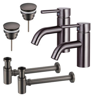 Fortifura Calvi Kit robinet lavabo - pour double vasque - robinet bas - bonde clic clac - siphon design bas - Gunmetal PVD