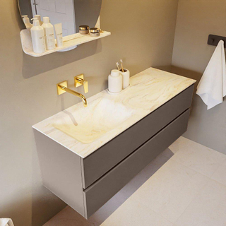 Mondiaz VICA-DLUX Ensemble de meuble de salle de bain - 130cm - meuble sous-vasque fumée - 2 tiroirs - lavabo encastré nuage gauche - sans trous de robinet - version haute 60cm - ostra