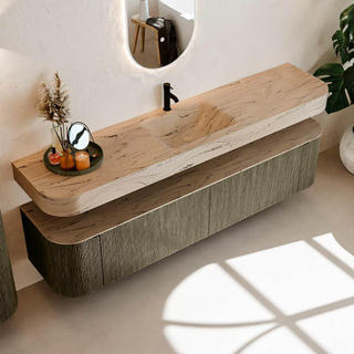 MONDIAZ THOR-DLUX Meuble de salle de bains - 200cm - arrondi gauche + droite - couleur Shadow - 2 tiroirs - 2 portes - Vasque suspendue CLOUD Milieu 1 trou de robinet couleur Arena