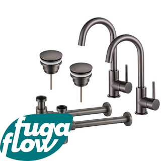 FugaFlow Eccelente Sobrado Badkamer Wastafelkraanset - voor dubbele wastafel - hoge wastafelkraan - draaibare uitloop - klikwaste plug - design sifon - PVD Gepolijst Gunmetal