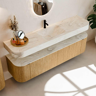 MONDIAZ THOR-DLUX 180cm meuble de salle de bains arrondi gauche + droite couleur Oak avec 2 tiroirs et 2 portes. Vasque suspendue CLOUD Milieu 1 trou de robinet couleur Ostra.