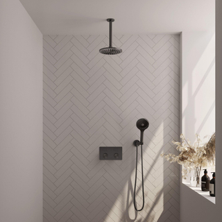 Brauer Gunmetal Carving douche thermostatique à effet pluie avec bouton poussoir 59 20cm bras de douche plafond 3 positions douche à main flexible de douche raccord mural coude gunmetal pvd brossé