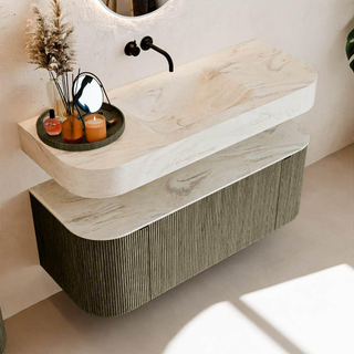 MONDIAZ THOR-DLUX Meuble de salle de bains 120cm arrondi gauche + droite couleur Shadow avec 1 tiroir et 2 portes. Vasque suspendue CLOUD Centre sans trou de robinet couleur Ostra.