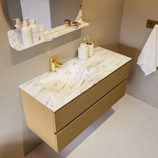 Mondiaz VICA-DLUX Ensemble de meuble de salle de bain - 110cm - meuble sous-vasque oro - 2 tiroirs - lavabo encastré cloud gauche - 1 trou de robinet - version haute de 60cm - glace