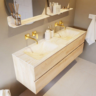 Mondiaz VICA-DLUX ensemble de meuble de salle de bain - 150cm - meuble sous-vasque chêne blanchi - 4 tiroirs - lavabo encastré cloud double - sans trous de robinet - miroir modèle spot - version XL 60cm de haut - ostra