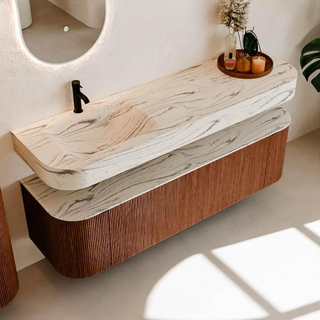 MONDIAZ THOR-DLUX 160cm meuble de salle de bains arrondi gauche + droite couleur Ruby avec 1 tiroir et 2 portes. Vasque suspendue CLOUD gauche 1 trou de robinet couleur Nata.