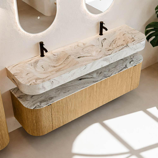 MONDIAZ THOR-DLUX 170cm meuble de salle de bains arrondi gauche + droite couleur Chêne avec 1 tiroir et 2 portes. Vasque suspendue CLOUD Double 2 trous de robinet couleur Glace.