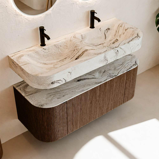 MONDIAZ THOR-DLUX 120cm meuble de salle de bains arrondi gauche + droite couleur Walnut avec 1 tiroir et 2 portes. Vasque suspendue CLOUD Double 2 trous de robinet couleur Glace.
