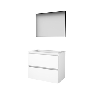 Basic-Line Framed 46 badkamermeubelset - 80x46cm - greeploos - 2 lades - acryl wastafel - 0 kraangaten - Spiegel - mat zwart aluminium frame - rondom - MDF lak Ice White