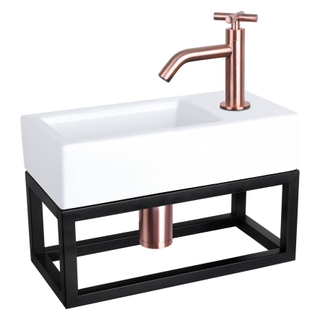 Differnz Ravo kit lave-mains - 38.5x18.5x25cm - Rectangulaire - 1 trou de robinet - Robinet en cuivre courbé - avec cadre noir - poignée croix - Céramique Blanc