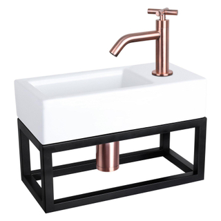 Differnz Ravo Set lave-mains 38.5x18.5x25cm 1 trou avec robinet courbé poignée croix et siphon + bonde cuivre rose Rectangulaire Céramique Blanc