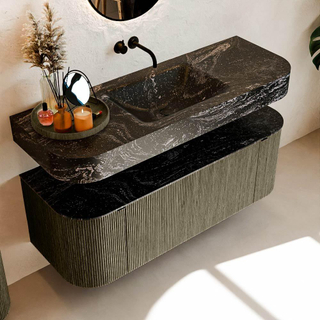 MONDIAZ THOR-DLUX Meuble de salle de bains 130cm arrondi gauche + droite couleur Shadow avec 1 tiroir et 2 portes. Vasque suspendue CLOUD Centre sans trou de robinet couleur Lava.