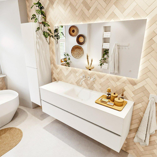 MONDIAZ VICA meuble sous lavabo 150cm Talc 2 tiroirs. Lavabo CLOUD au centre sans trou de robinet, couleur Talc.