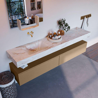 Mondiaz ALAN-DLUX Ensemble de meuble - 200cm - meuble Oro mat - 2 tiroirs - Lavabo Cloud Frappe suspendu - vasque Gauche - 0 trous de robinet