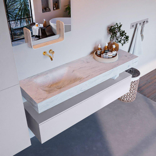 Mondiaz ALAN-DLUX Ensemble de meuble - 150cm - meuble Cale mat - 1 tiroir - Lavabo Cloud Opalo suspendu - vasque Gauche - 0 trous de robinet