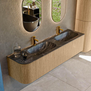 MONDIAZ KURVE-DLUX 175cm Meuble salle de bain avec module 25 G - couleur Oak - 2 tiroirs - 1 porte - vasque STOR SMALL double / droite - 2 trous de robinet - couleur Lava