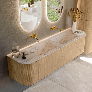 MONDIAZ KURVE-DLUX 170cm badmeubel ronding Links + Rechts kleur Oak met 1 lade en 2 deuren. Wastafel LEAF Dubbel zonder kraangat Nata.