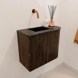 Mondiaz JOYA-DLUX 51.6cm toiletmeubel - ronding rechts kleur Walnut - Wastafel FAYE positie Links Zonder kraangat kleur Lava.
