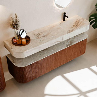 MONDIAZ THOR-DLUX 170cm meuble de salle de bains arrondi gauche + droite couleur Ruby avec 1 tiroir et 2 portes. Vasque suspendue CLOUD Droite 1 trou de robinet couleur Frappe.