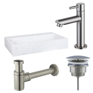 Fortifura Fuente fonteinset - 38x24cm - 1 kraangat - marmer - fonteinkraan RVS geborsteld - wit