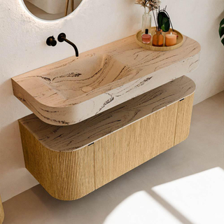 MONDIAZ THOR-DLUX 120cm badmeubel ronding links + rechts kleur Oak met 1 lade en 2 deuren. Vrijhangende wastafel CLOUD Links zonder kraangat kleur Arena.