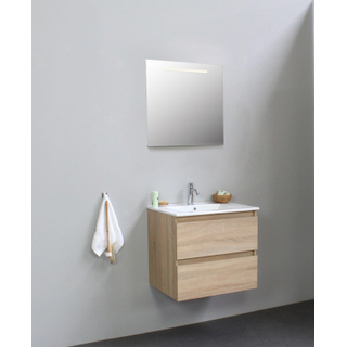 Basic Bella Meuble salle de bains avec lavabo céramique Blanc 60x55x46cm 1 trou de robinet avec miroir et éclairage Chêne