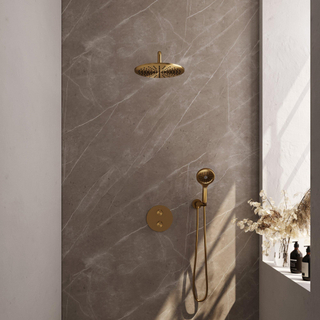BRAUER Gold Carving thermostatische Inbouw Regendouche - 3-weg - rond - set 82 - 30cm hoofddouche - gebogen muurarm - 3-standen handdouche - doucheslang - wandaansluitbocht - goud geborsteld PVD