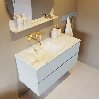 Mondiaz VICA-DLUX ensemble de meuble de salle de bain - 100cm - meuble sous-vasque argile - 2 tiroirs - lavabo encastré nuage gauche - sans trous de robinet - version haute 60cm - frape