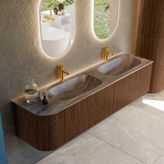 MONDIAZ KURVE-DLUX 175cm badmeubel ronding Links kleur Walnut met 2 lades en 1 deur. Wastafel STOR SMALL Dubbel / Rechts 2 kraangaten Oza.