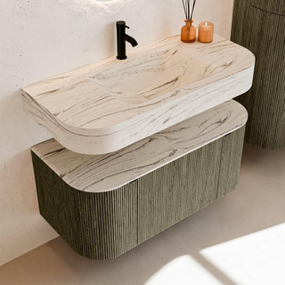 MONDIAZ THOR-DLUX 100cm badmeubel ronding links + rechts kleur Shadow met 1 lade en 2 deuren. Vrijhangende wastafel CLOUD Midden 1 kraangat kleur Nata.