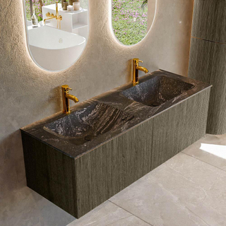 Mondiaz KURVE-DLUX Badkamermeubelset - 130x46x40cm - 2 lade - wastafel solid surface - dubbel - 2 kraangaten - Shadow