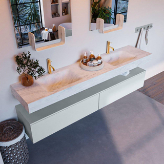 Mondiaz ALAN-DLUX Ensemble de meuble - 200cm - meuble Clay mat - 2 tiroirs - Lavabo Cloud Opalo suspendu - vasque Gauche et droite - 2 trous de robinet