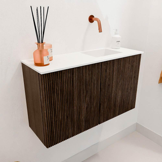 Mondiaz JOYA 70cm meuble de toilette - couleur Walnut - Vasque FAYE position Droite Sans trou de robinet couleur Talc