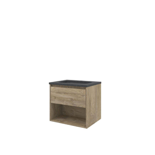 Proline hardsteen elegant ensemble de meubles de salle de bains 60x46x54.5cm meuble avec étagère en chêne brut avec 1 trou pour robinetterie pierre bleue