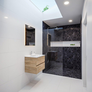 MONDIAZ VICA Ensemble de meuble salle de bain - 60cm - 2 tiroirs - lavabo Denia milieu - 1 trou de robinet - solid surface chêne blanchi