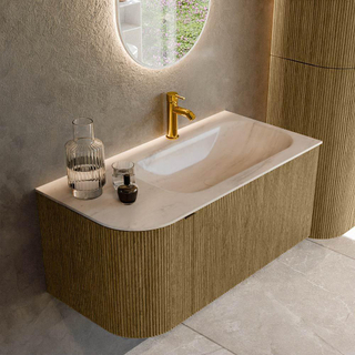 MONDIAZ KURVE-DLUX 95cm badmeubel ronding Links kleur Dusk met 1 lade en 1 deur. Wastafel BIG SMALL Rechts 1 kraangat Meli.