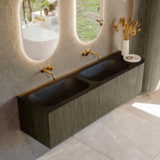 Ensemble de meuble de salle de bain Mondiaz KURVE - 165x46x40cm - 2 tiroirs - 1 porte - lavabo en solid surface - double / gauche - sans trou de robinet - Shadow