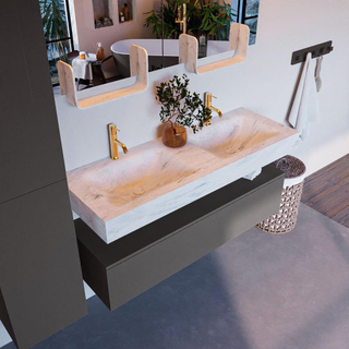 Mondiaz ALAN-DLUX Ensemble de meuble - 130cm - meuble Dark grey mat - 1 tiroir - Lavabo Cloud Opalo suspendu - vasque Gauche et droite - 2 trous de robinet