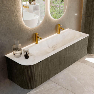 Mondiaz KURVE-DLUX Badkamermeubelset - 145x46x40cm - 1 lade - 1 deur - wastafel solid surface - rechts - 2 kraangaten - Shadow