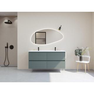 HR Infinity XXL ensemble de meubles de salle de bain 3d 140 cm 2 vasques en céramique fines blanc mat 2 trous de robinetterie 4 tiroirs essence mat