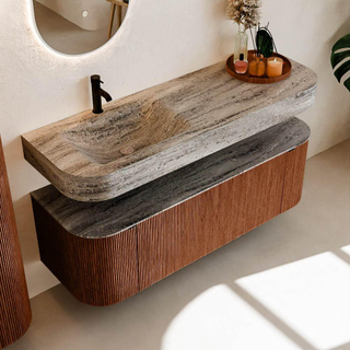 MONDIAZ THOR-DLUX 140cm meuble de salle de bains arrondi gauche + droite couleur Ruby avec 1 tiroir et 2 portes. Vasque suspendue CLOUD Gauche 1 trou de robinet couleur Oza.