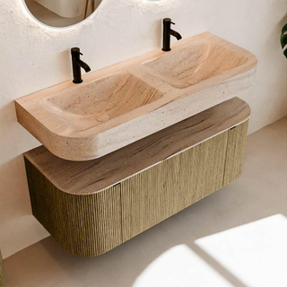 MONDIAZ THOR-DLUX 120cm meuble de salle de bains arrondi gauche + droite couleur Dusk avec 1 tiroir et 2 portes. Vasque suspendue CLOUD Double 2 trous de robinet couleur Saba.