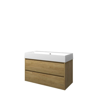 Proline Loft badkamermeubelset - 100x46x62cm - porselein Loft wastafel - 2 kraangaten - symmetrisch - MFC Ideal oak/Glans wit
