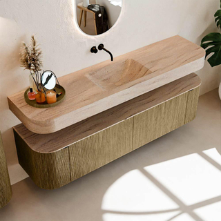 MONDIAZ THOR-DLUX 180cm meuble de salle de bains arrondi gauche + droite couleur Dusk avec 2 tiroirs et 2 portes. Vasque suspendue CLOUD Milieu sans trou de robinet couleur Saba.