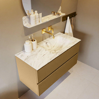 Mondiaz VICA-DLUX ensemble de meuble de salle de bain - 100cm - meuble sous-vasque oro - 2 tiroirs - lavabo encastré cloud droite - sans trous de robinet - version haute de 60cm - glace