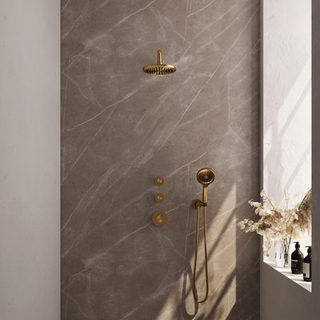 Ensemble de douche pluie Brauer Gold Carving encastré - douche principale 20cm - bras mural - avec partie encastrable - boutons Carving - douchette ronde 1 fonction - PVD - or brossé