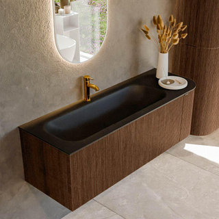 MONDIAZ KURVE 135cm badmeubel met module 25 R kleur Walnut met 1 lade en 1 deur. Wastafel BIG MEDIUM links 1 kraangat Urban.