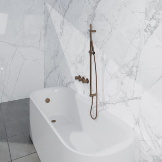 Fortifura Nebbio Ensemble combiné bain - mitigeur thermostatique - barre coulissante avec coude mural intégré - flexible de douche métallique - douchette sur barre - Remplissage-vidage de baignoire - cuivre brossé PVD (cuivre)