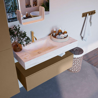 Mondiaz ALAN-DLUX Ensemble de meuble - 100cm - meuble Oro mat - 1 tiroir - Lavabo Cloud Ostra suspendu - vasque Gauche - 1 trou de robinet