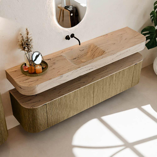 MONDIAZ THOR-DLUX Meuble de salle de bains 190cm arrondi gauche + droite couleur Dusk avec 2 tiroirs et 2 portes. Vasque suspendue CLOUD Milieu sans trou de robinet couleur Arena.